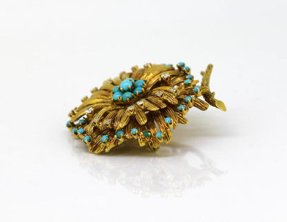 Vintage Turquoise and Diamond Gold Brooch