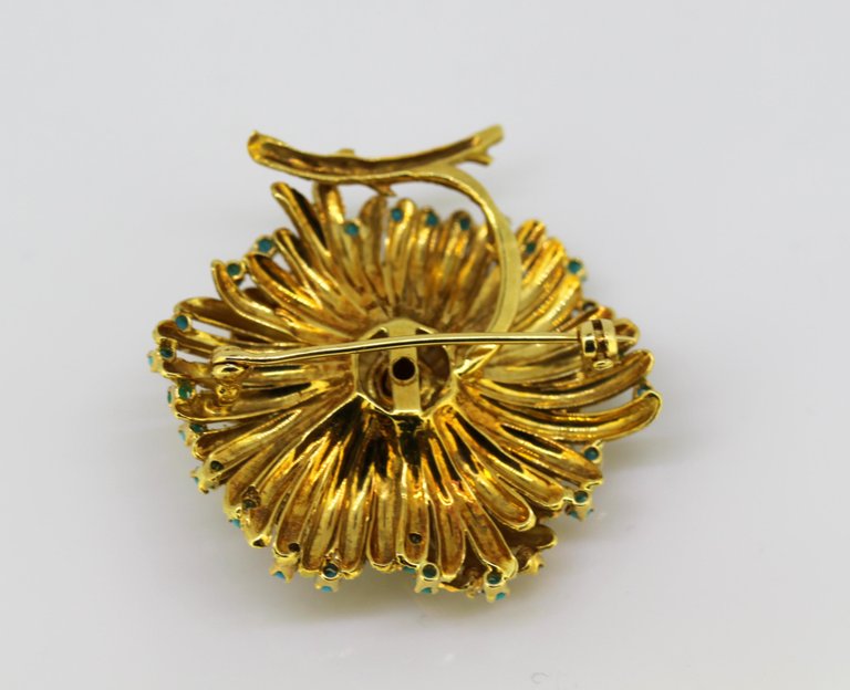 Vintage Turquoise and Diamond Gold Brooch