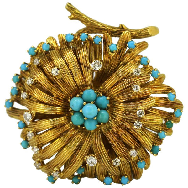 Vintage Turquoise and Diamond Gold Brooch