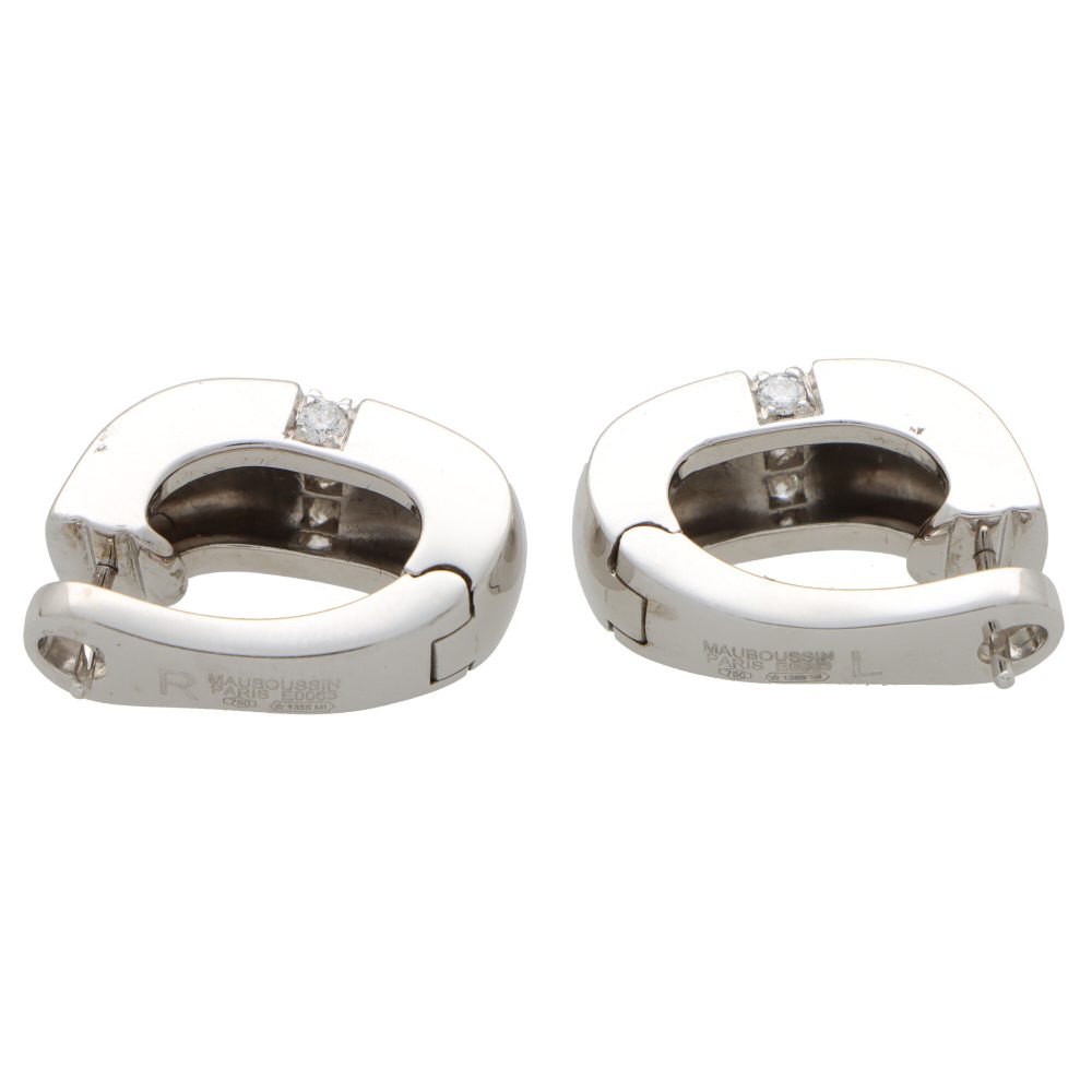 Vintage Mauboussin Paris diamond chunky huggie hoop earrings in white gold.