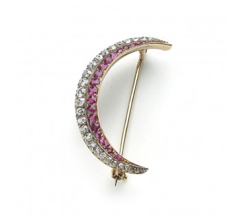 Victorian ruby and old-cut diamond crescent brooch, set in silver and gold, with pierced gallery, circa 1890