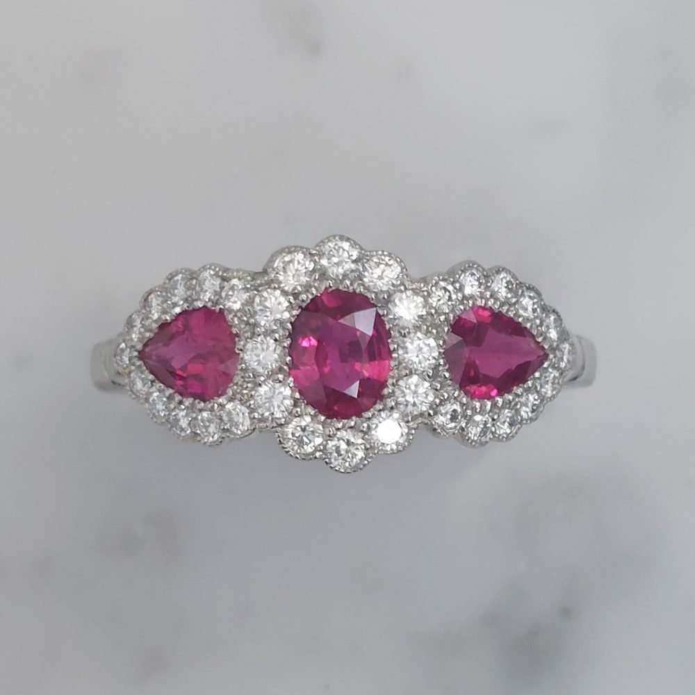 Modern 1.12ct Ruby and Diamond Triple Cluster Ring