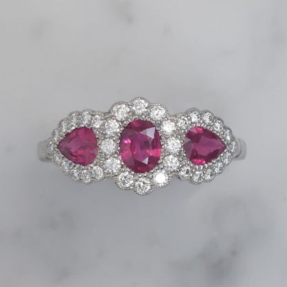 Modern 1.12ct Ruby and Diamond Triple Cluster Ring