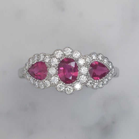 Modern 1.12ct Ruby and Diamond Triple Cluster Ring