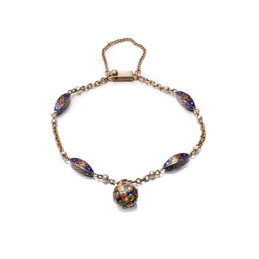 Antique 15 Carat Yellow Gold Enamel And Pearl Bracelet With Orb Pendant
