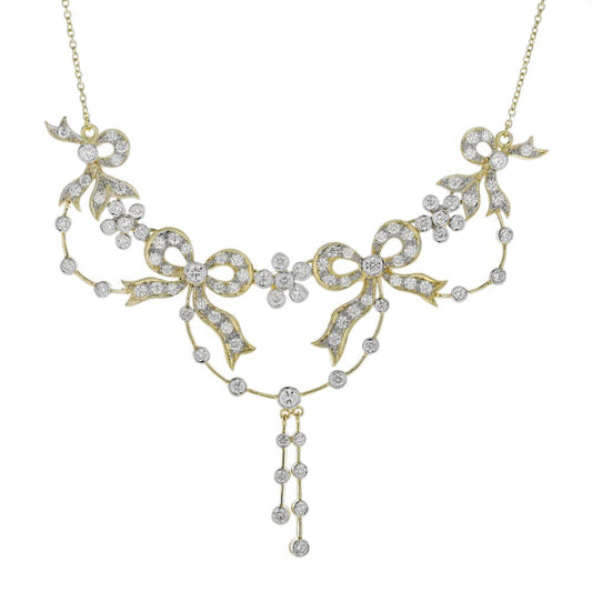 Vintage Style Diamond Ribbon Floral Necklace in 18ct Yellow Gold
