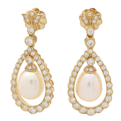 Pearl and Diamond Cluster Drop Earrings in 18ct Yellow Gold