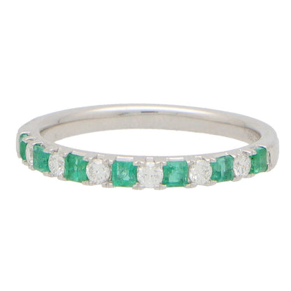 Emerald and Diamond Half Eternity Band Ring