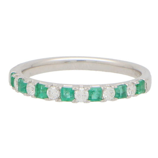 Emerald and Diamond Half Eternity Band Ring