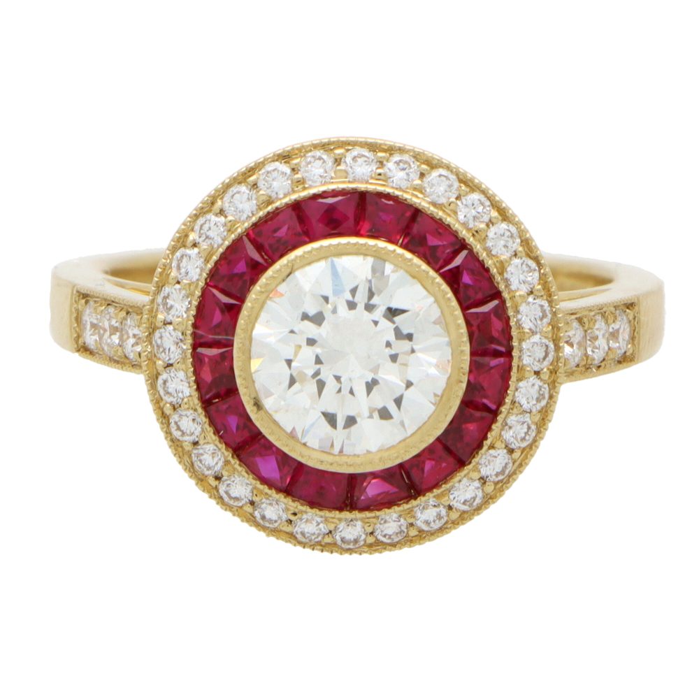 Diamond and ruby double target ring in gold