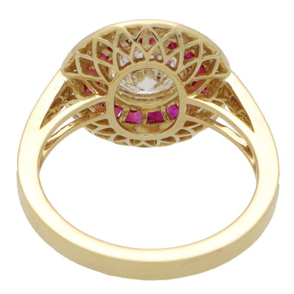 Diamond and ruby double target ring in gold