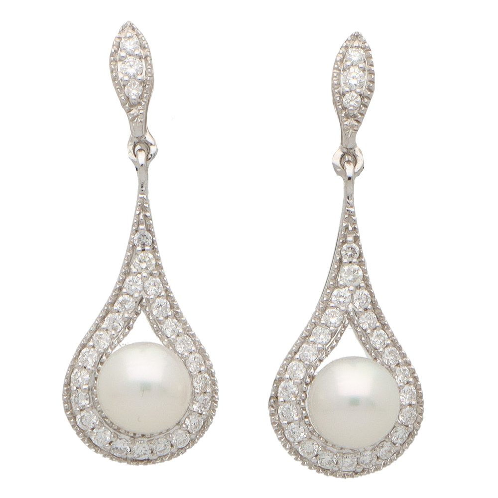 Pearl and Diamond Cluster Drop Earrings in 18ct White Gold