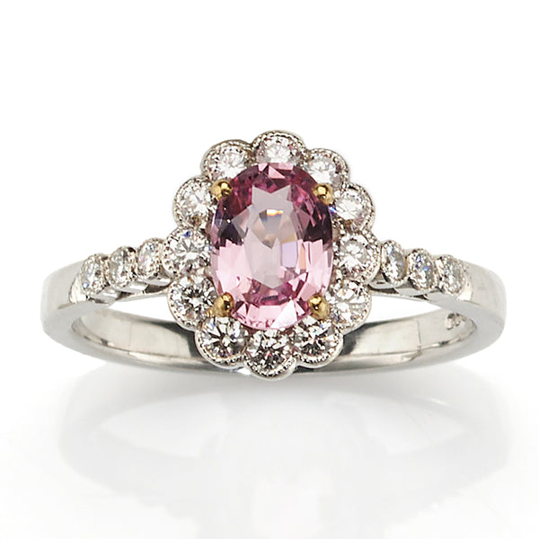 Padparadscha Sapphire and Diamond Cluster Ring