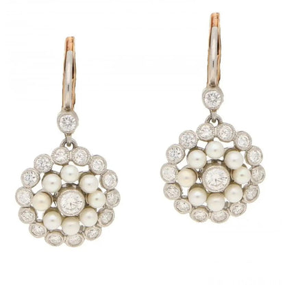 Pearl and Diamond Cluster Drop Earrings