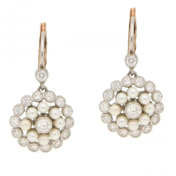 Pearl and Diamond Cluster Drop Earrings