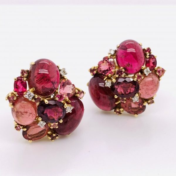 Pink Tourmaline and Diamond Cluster Earrings