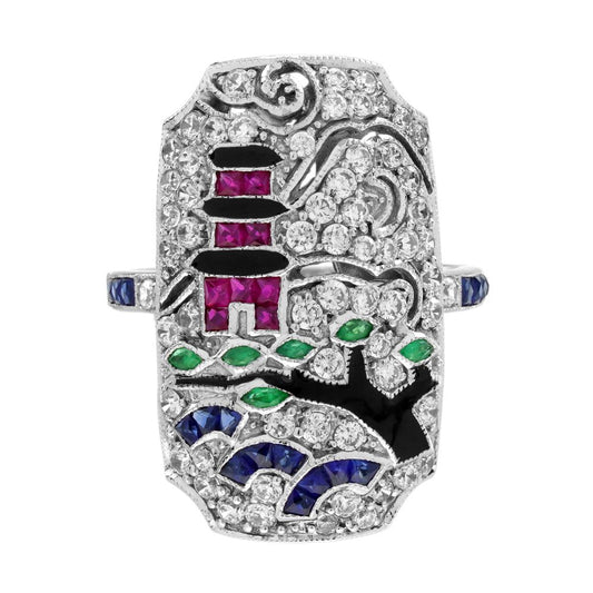 Diamond Sapphire Ruby Emerald Enamel Cluster Japanese Scenery Plaque Ring