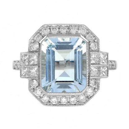 Art Deco Style 2.8ct Aquamarine and Diamond Cluster Dress Ring in 18ct White Gold