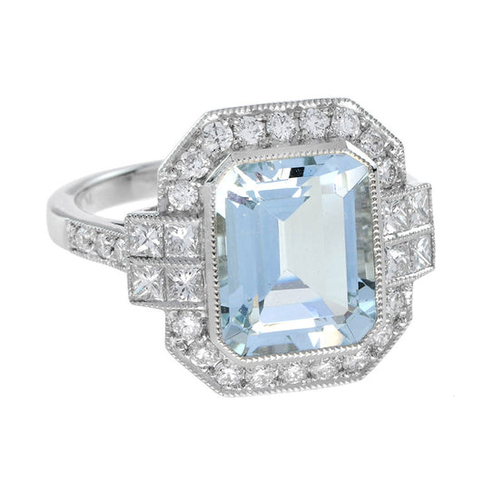 Art Deco Style 2.8ct Aquamarine and Diamond Cluster Dress Ring in 18ct White Gold