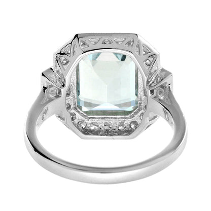 Art Deco Style 2.8ct Aquamarine and Diamond Cluster Dress Ring in 18ct White Gold