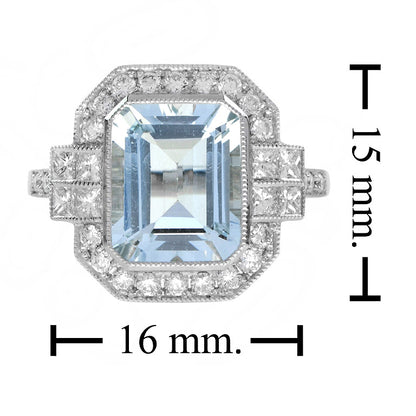 Art Deco Style 2.8ct Aquamarine and Diamond Cluster Dress Ring in 18ct White Gold