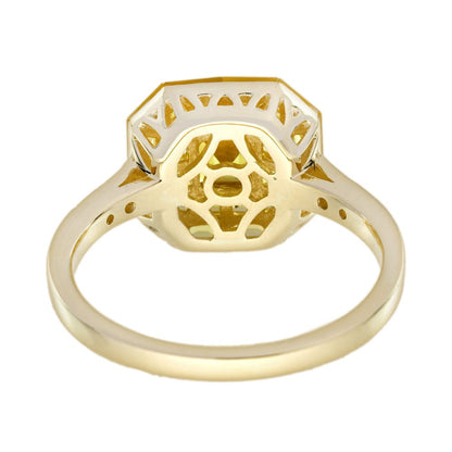 Yellow Sapphire Octagonal Cluster Solitaire Engagement Ring, 5.27cts yellow sapphires arranged in an invisible setting to produce an octagonal shaped design in 14ct yellow gold with diamond set shoulders