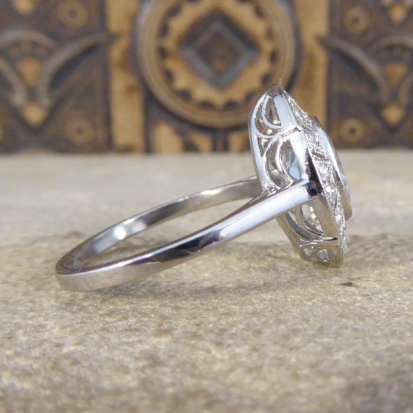 Art Deco Style 1.30ct Aquamarine and Diamond Marquise Shaped Cluster Ring