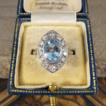 Art Deco Style 1.30ct Aquamarine and Diamond Marquise Shaped Cluster Ring