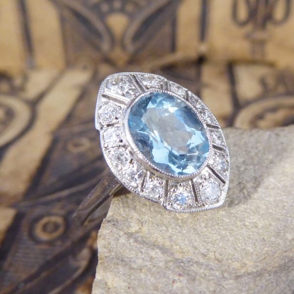 Art Deco Style 1.30ct Aquamarine and Diamond Marquise Shaped Cluster Ring