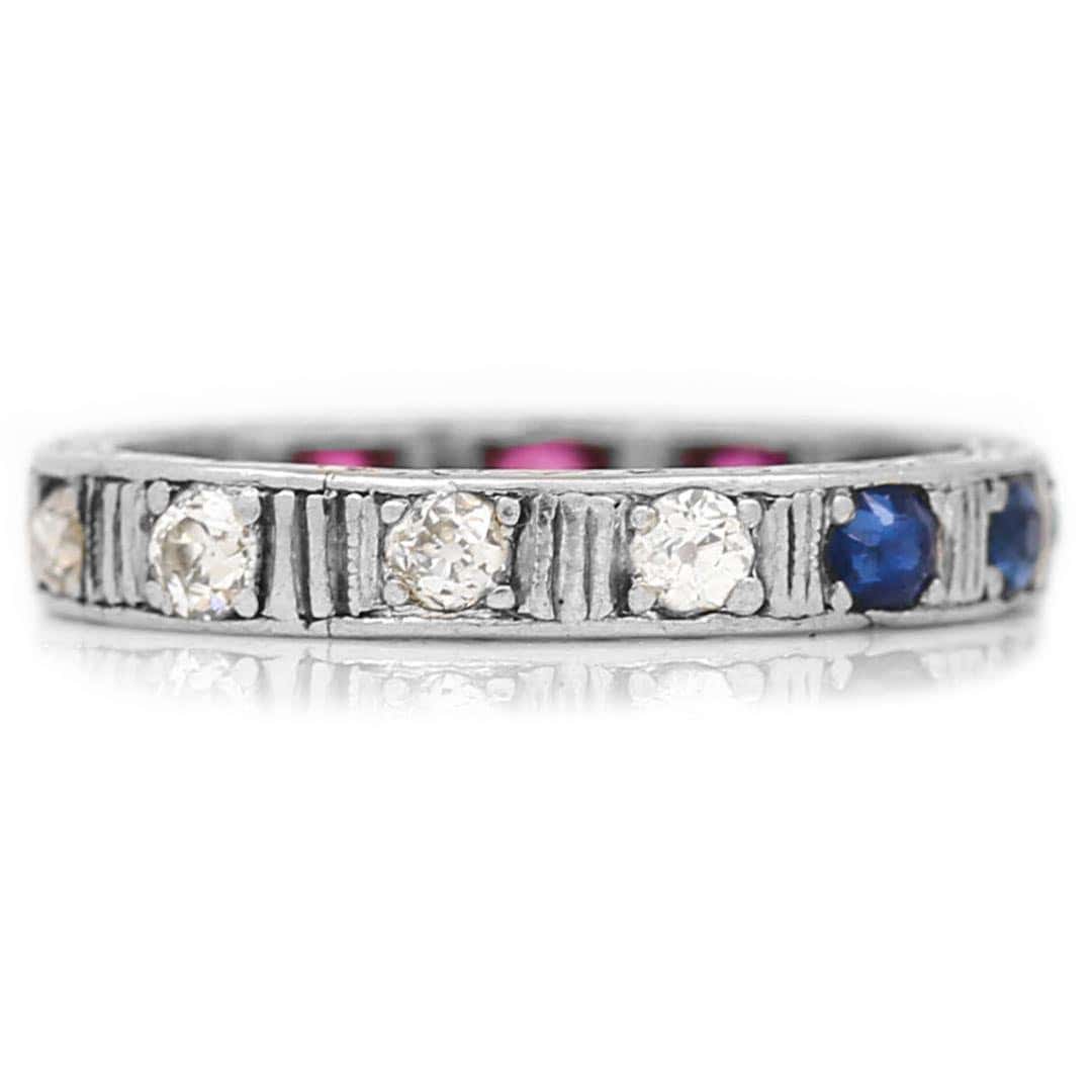 Antique Art Deco 18ct White Gold Patriotic Ruby Sapphire and Diamond Eternity Ring