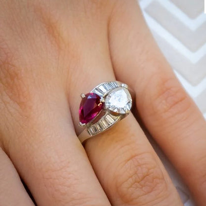 Ruby and diamond toi et moi two stone ring