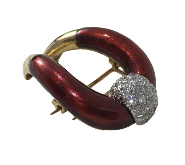 Vourakis Vintage Red Enamel, Diamond and 18ct Gold Buckle Brooch