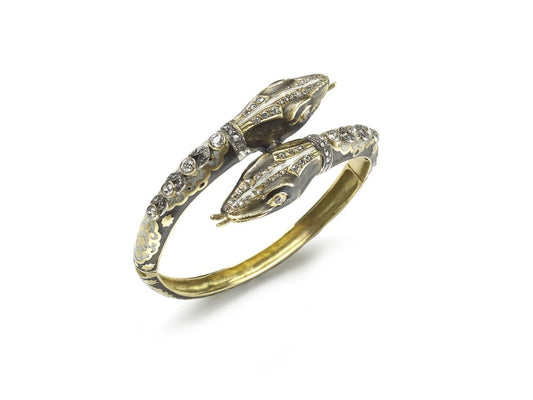 Vintage Snake Bangle, Diamonds Set and Black and White Enamel