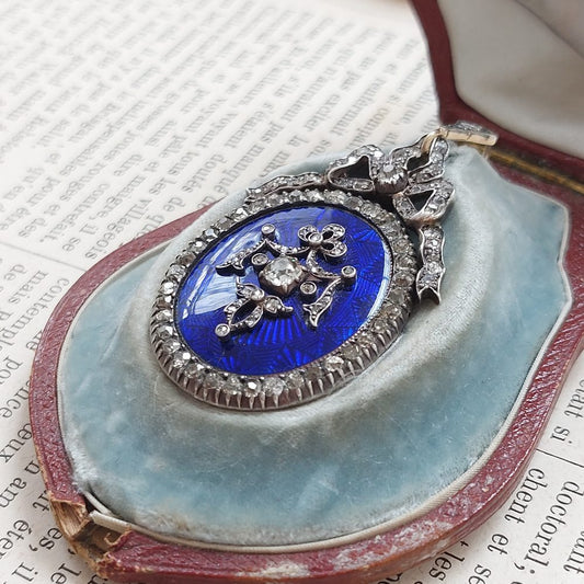 Victorian Antique Diamond and Blue Enamel Pendant Locket