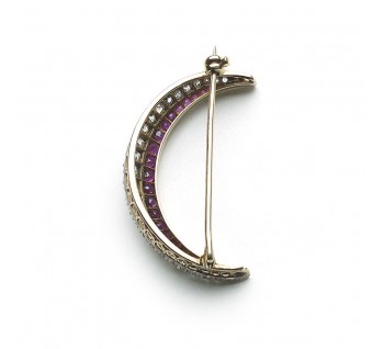 Vintage ruby and diamond crescent brooch, set in silver gold, circa 1890