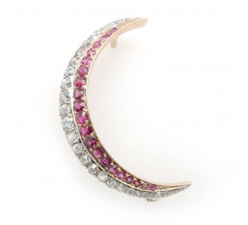 C.1890 Ruby and Diamond crescent brooch, set in silver and gold, with pierced gallery