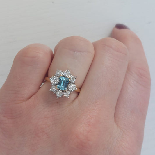 Vintage Aquamarine and Diamond Cluster Ring