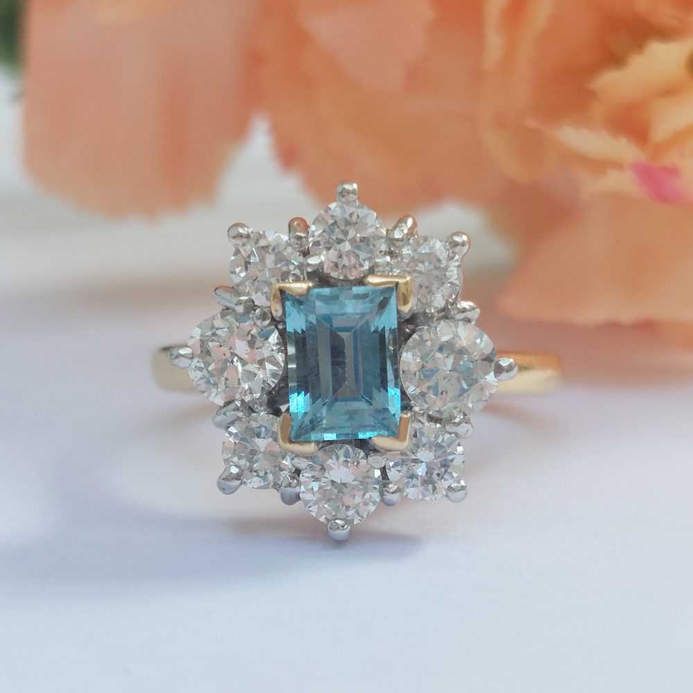 Vintage Aquamarine and Diamond Cluster Ring
