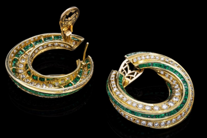 Vintage Emerald and Diamond Twist Hoop Earrings