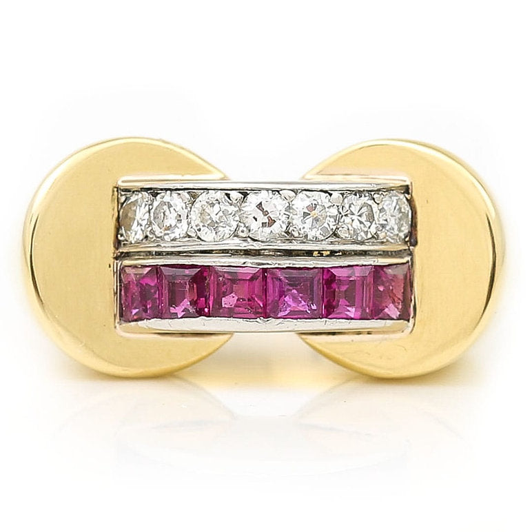 Vintage French Retro 1940s Diamond Ruby Gold Tank Ring