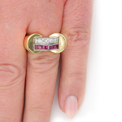 Vintage French Retro 1940s Diamond Ruby Gold Tank Ring
