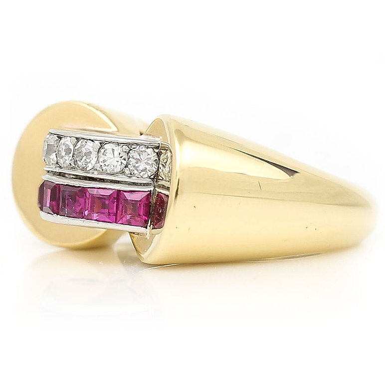 Vintage French Retro 1940s Diamond Ruby Gold Tank Ring