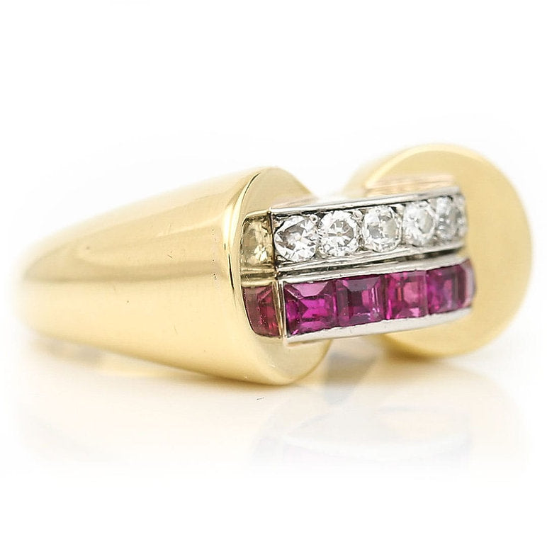 Vintage French Retro 1940s Diamond Ruby Gold Tank Ring