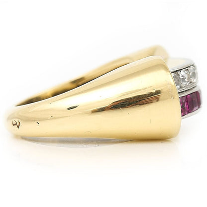 Vintage French Retro 1940s Diamond Ruby Gold Tank Ring