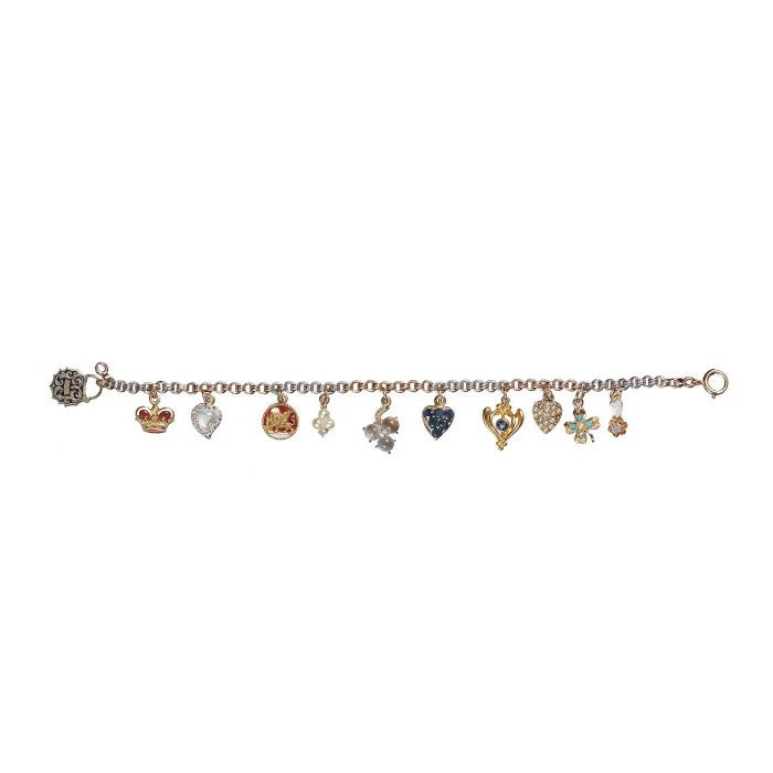 Vintage Multi Gemstone Enamel Gold Platinum Charm Bracelet, bi-colour rose gold and platinum chain suspend charms set with diamond, pearl, moonstone, sapphire, turquoise and enamel