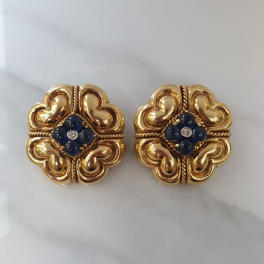 Vintage Sapphire Diamond Gold Quatrefoil Earrings