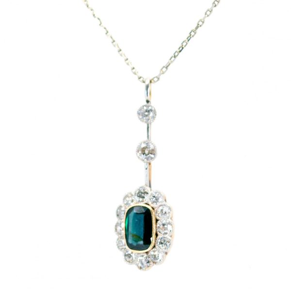 Vintage Sapphire and Old Mine Cut Diamond Drop Pendant