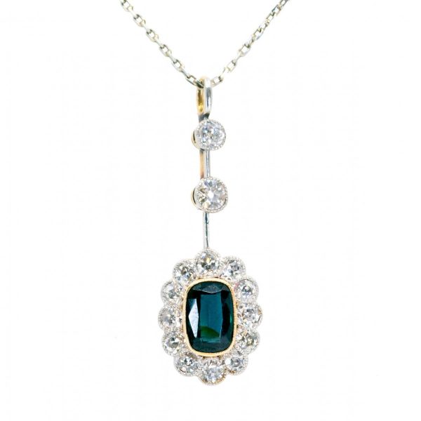 Vintage Sapphire and Old Mine Cut Diamond Drop Pendant