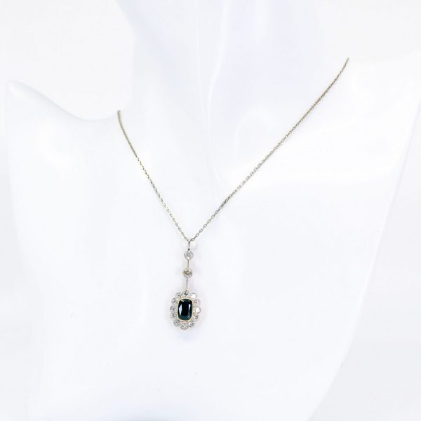 Vintage Sapphire and Old Mine Cut Diamond Drop Pendant