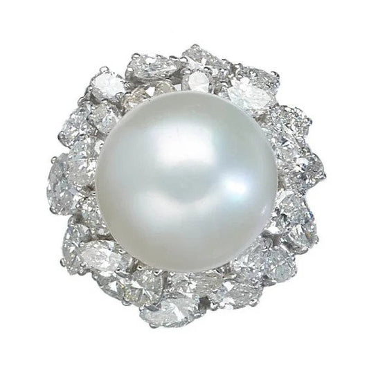 Vintage 1960s South Sea Pearl and Diamond Cocktail Ring in Platinum